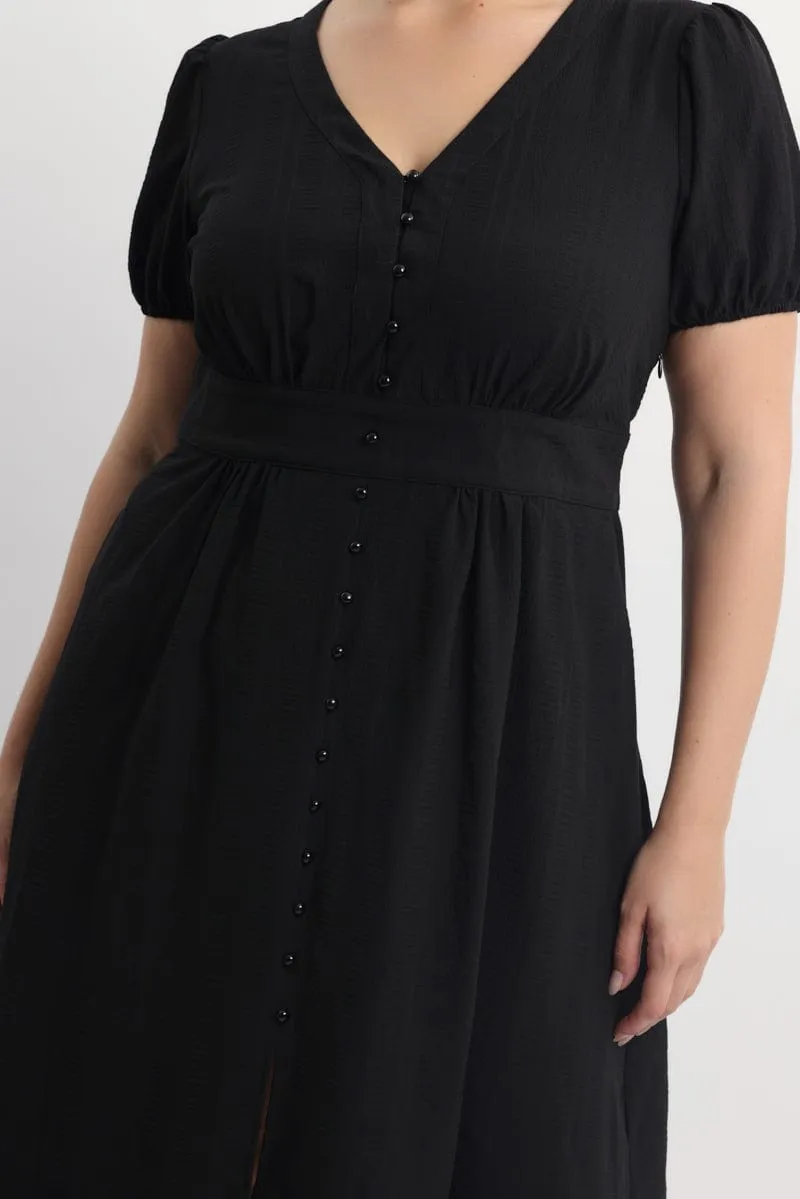 Flattering wear Wardrobe Staple Black Midi Dress Short Sleeve V-Neck Textured