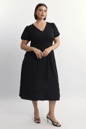 Black Midi Dress Short Sleeve V-Neck Textured City Roof