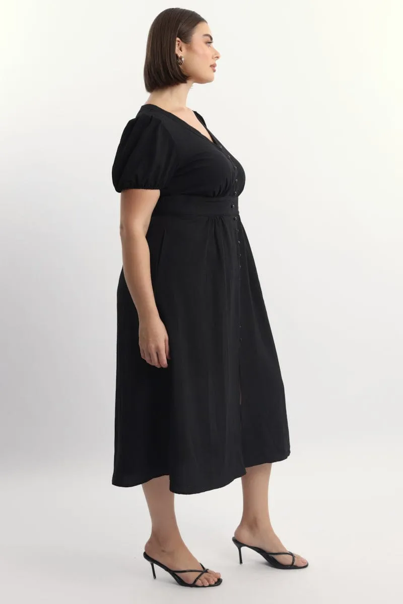 Black Midi Dress Short Sleeve V-Neck Textured Sun Beam