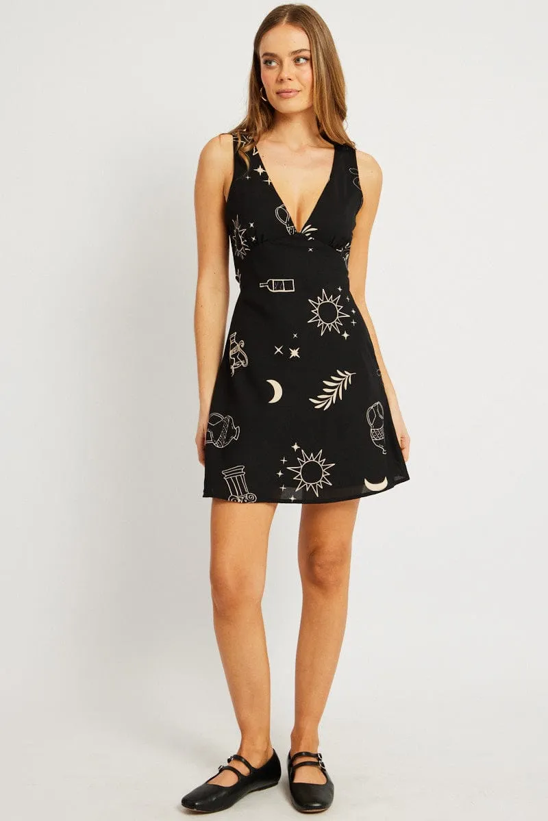 Beat Edge UV Protection Black Abstract A Line Mini Dress Sleeveless