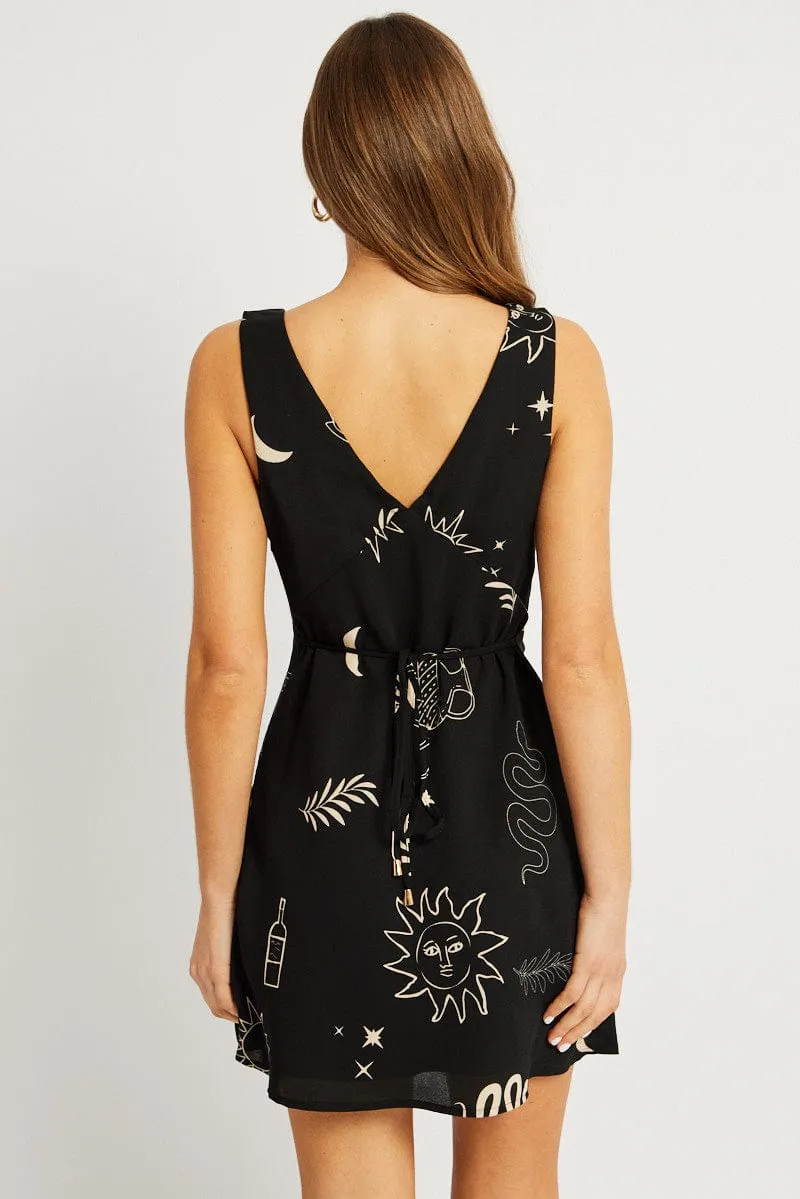 Relaxed mini for warm days Urban Glow Black Abstract A Line Mini Dress Sleeveless