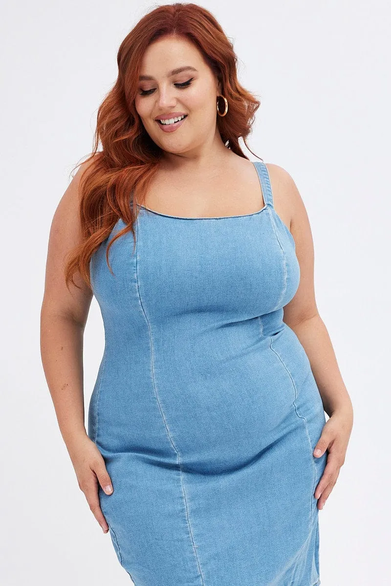 Star Beat Blue Shoestring Strap Fitted Stretch Denim Mini Dress