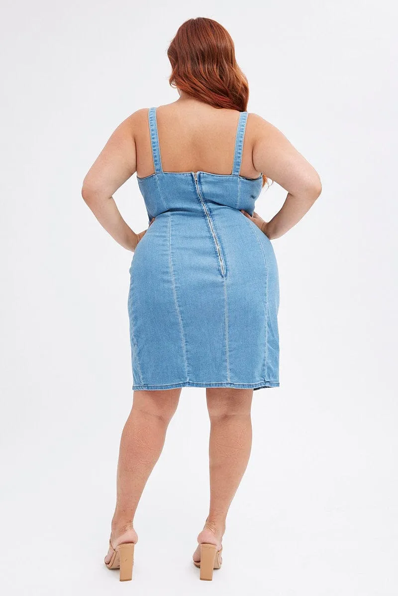 Blue Shoestring Strap Fitted Stretch Denim Mini Dress Party Edge Energy Wear