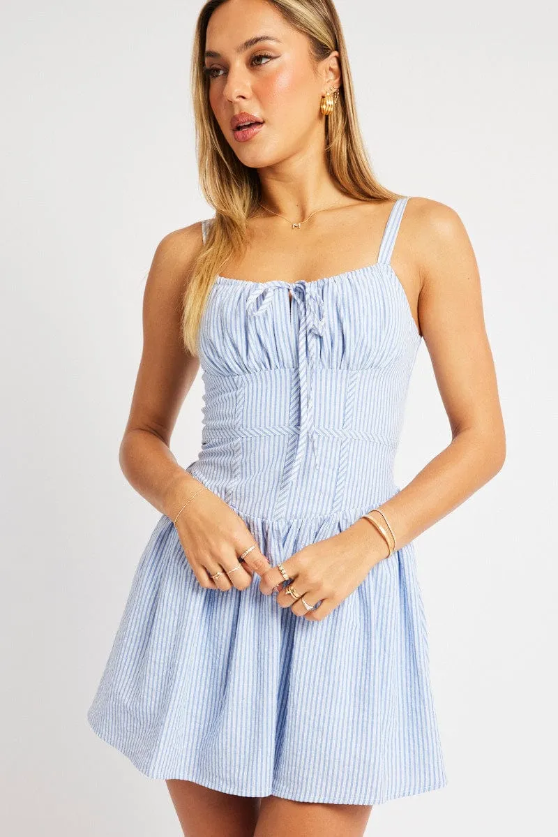 Blue Stripe Fit And Flare Dress Mini Gathered Bust Chic Style Wear