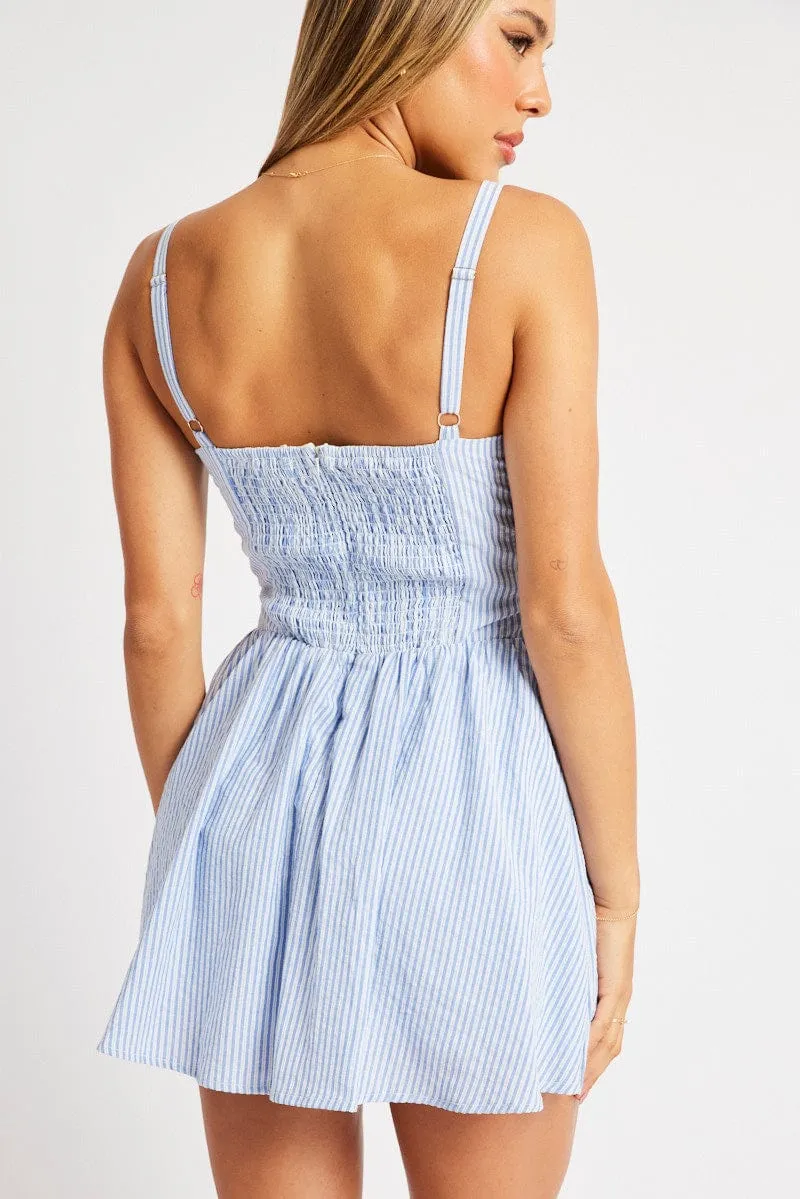 Blue Stripe Fit And Flare Dress Mini Gathered Bust Bamboo Fiber Blend