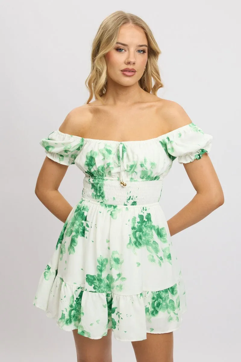 Street Glam Vibrant patterned mini Green Floral Fit And Flare Dress Mini