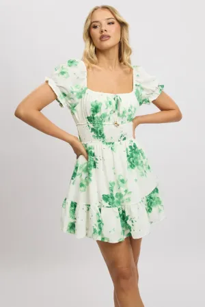 Scene Mode Green Floral Fit And Flare Dress Mini