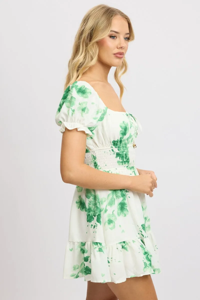 Green Floral Fit And Flare Dress Mini Flattering Fit