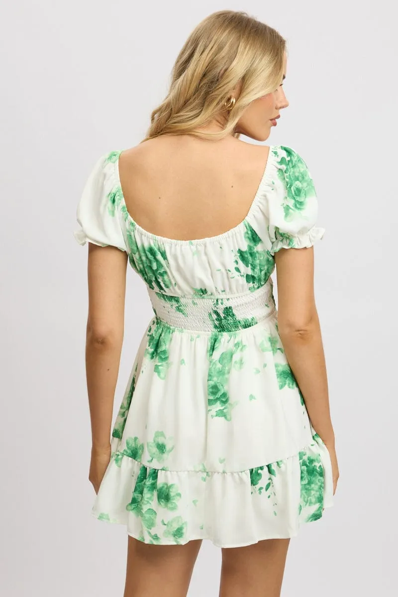 Stretch Fabric Charming Look Green Floral Fit And Flare Dress Mini