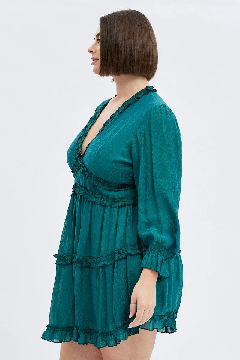Green Mini Dress Textured Chiffon Frill Long Sleeve Chic Style Wear Edge Pop