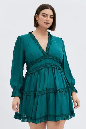 Green Mini Dress Textured Chiffon Frill Long Sleeve Versatile Layering