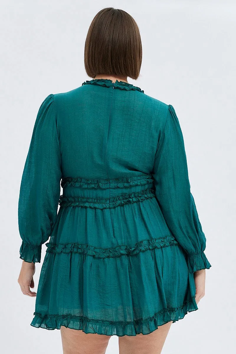 Green Mini Dress Textured Chiffon Frill Long Sleeve Party Glow Feminine mini-length gown