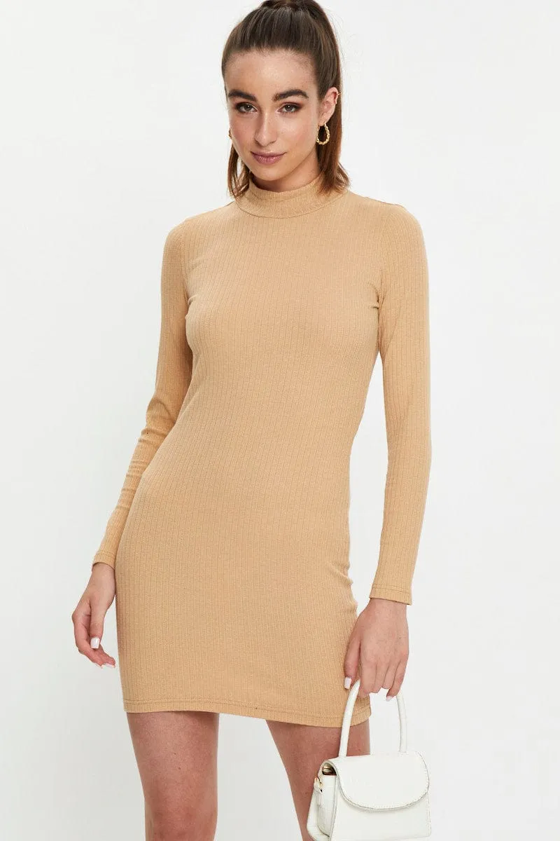 Beige Ribbed Bodycon Dress Easy Breath EcoFriendly Textiles