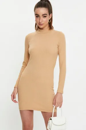 Beige Ribbed Bodycon Dress Easy Breath EcoFriendly Textiles