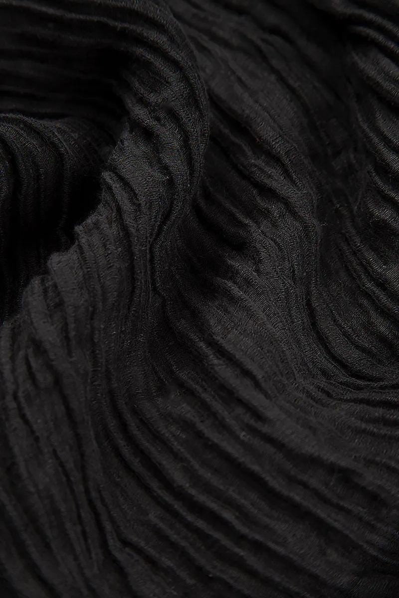 MultiPocketDesign Romantic Crinkled Black Silk Midi Dress