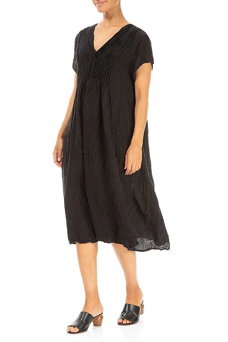 ThermalRegulatingFabric Romantic Crinkled Black Silk Midi Dress