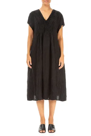 Romantic Crinkled Black Silk Midi Dress Global Cool WrinkleFreeFabric