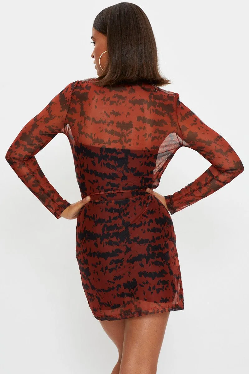 Trendy Fashion Print Tie Dye Overlocked Bodycon Dress
