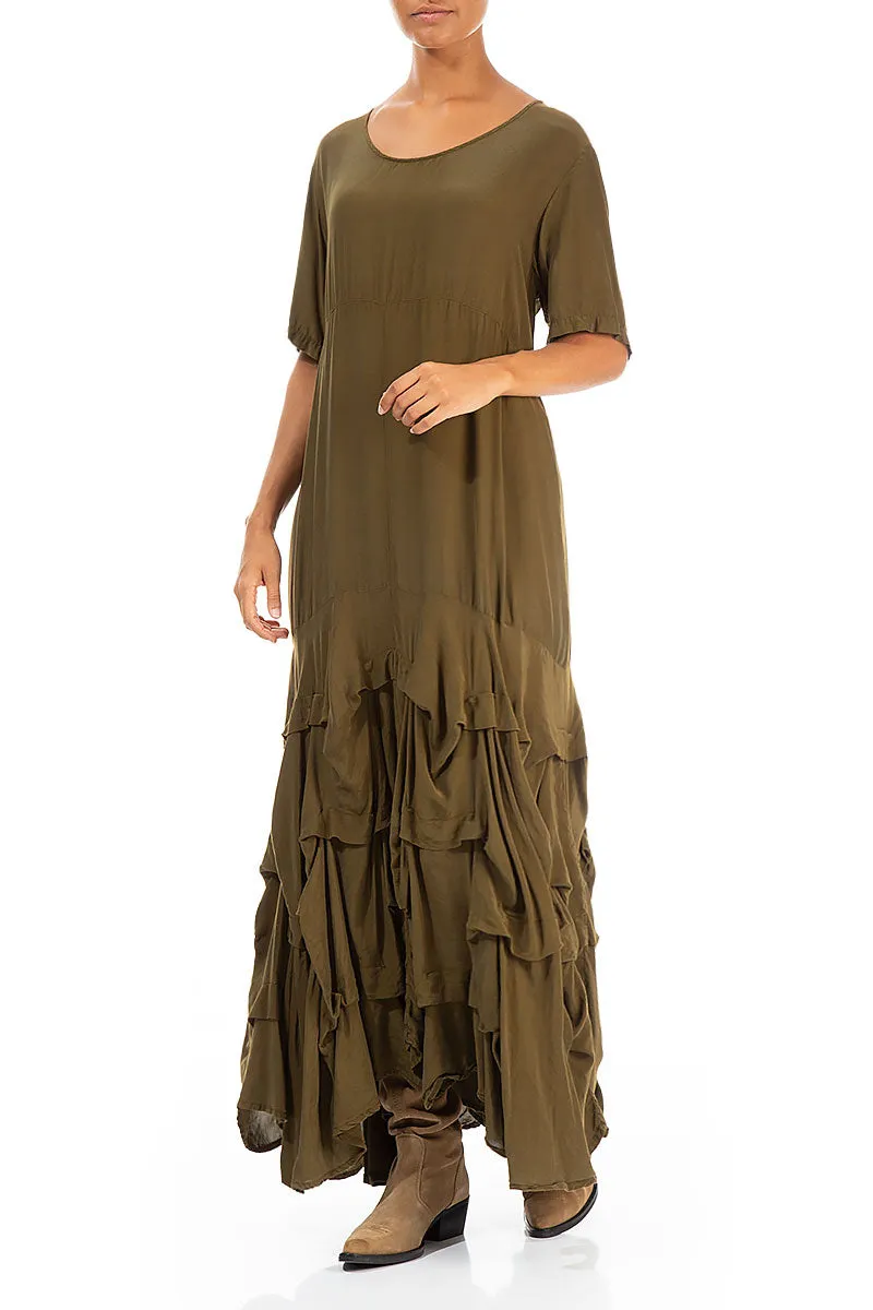 Loose Thread Cozy Style Ruffle Khaki Silk Bamboo Maxi Dress