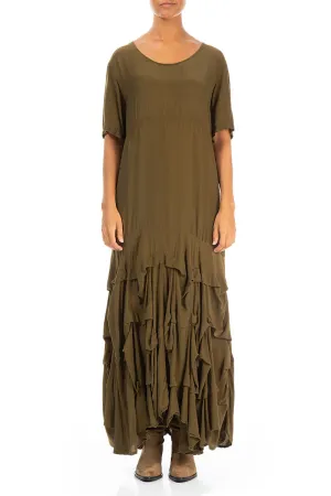 Ruffle Khaki Silk Bamboo Maxi Dress Lightweight Feel