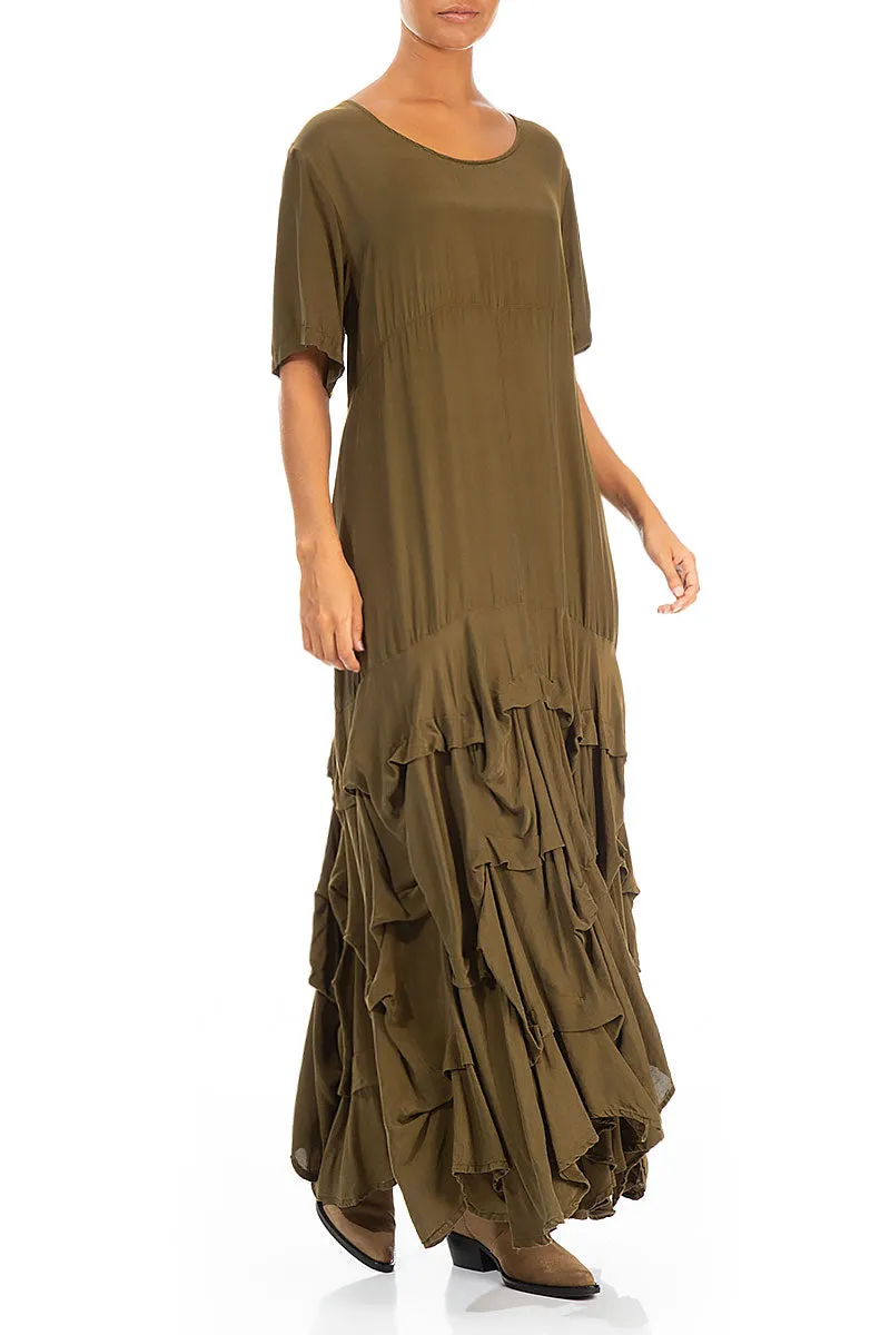 NonRestrictiveCut Smart Fit Ruffle Khaki Silk Bamboo Maxi Dress