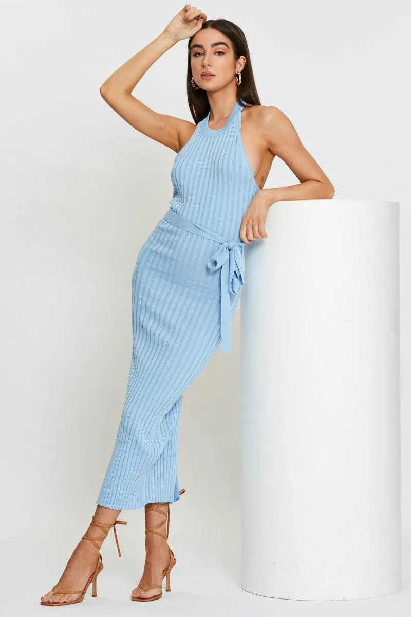 Blue Bodycon Dress Maxi Knit Still Lake Boat Neck