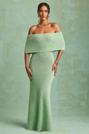 Boucl?? Off-Shoulder Maxi Dress in Mint This dress is designed to keep you comfortable while maintaining a stylish and polished appearance
