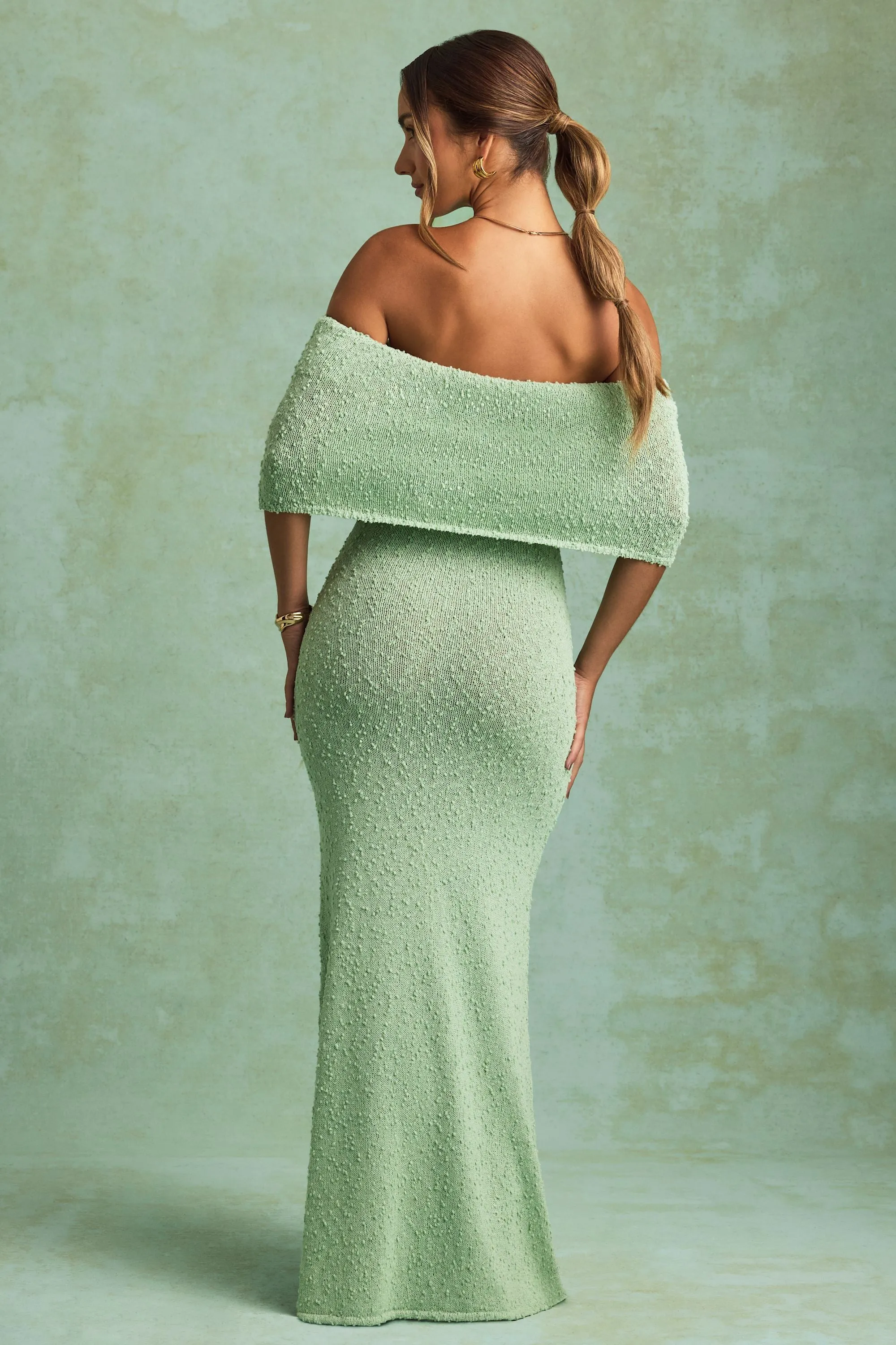 Sand Beige Boucl?? Off-Shoulder Maxi Dress in Mint