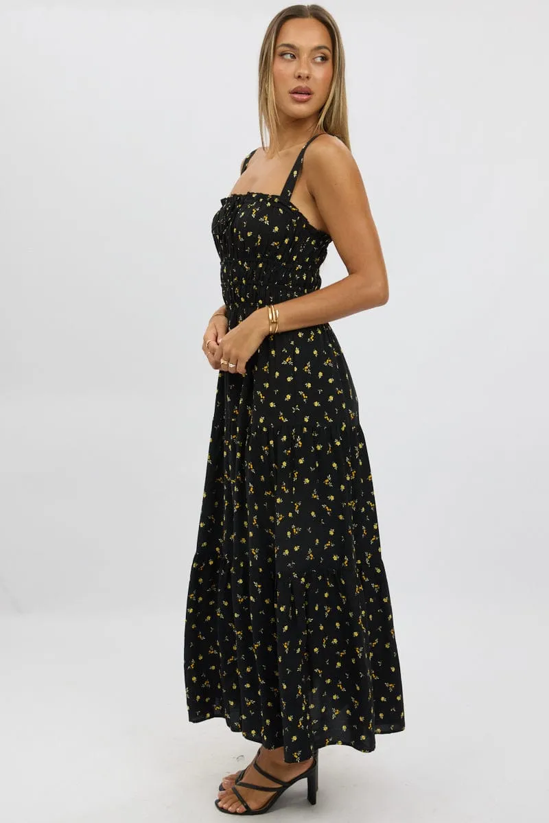 Delicate formal gown Elegant dinner dress Black Ditsy Maxi Dress Strappy Tiered