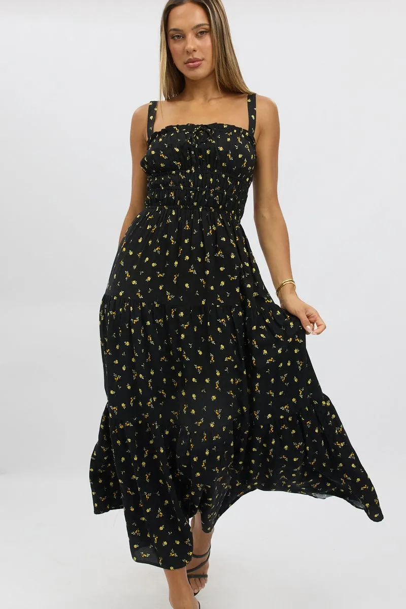 Black Ditsy Maxi Dress Strappy Tiered Bead Work