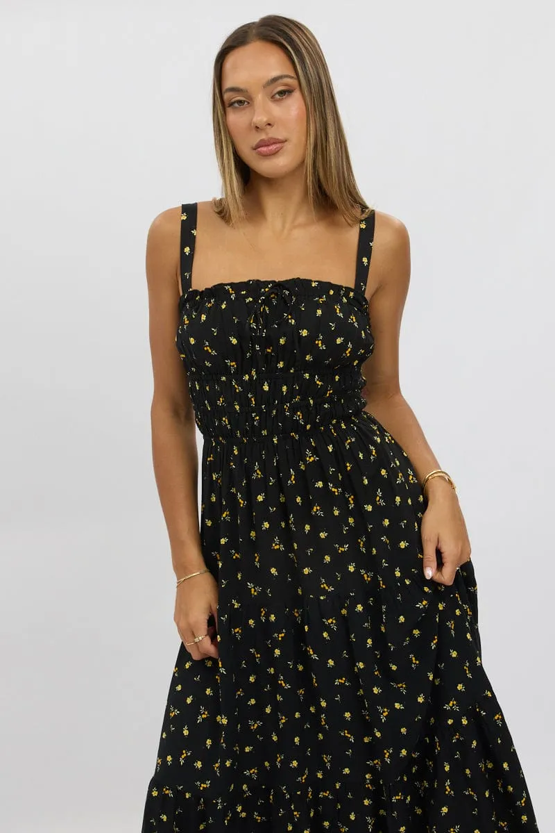 Black Ditsy Maxi Dress Strappy Tiered dreamy vibe