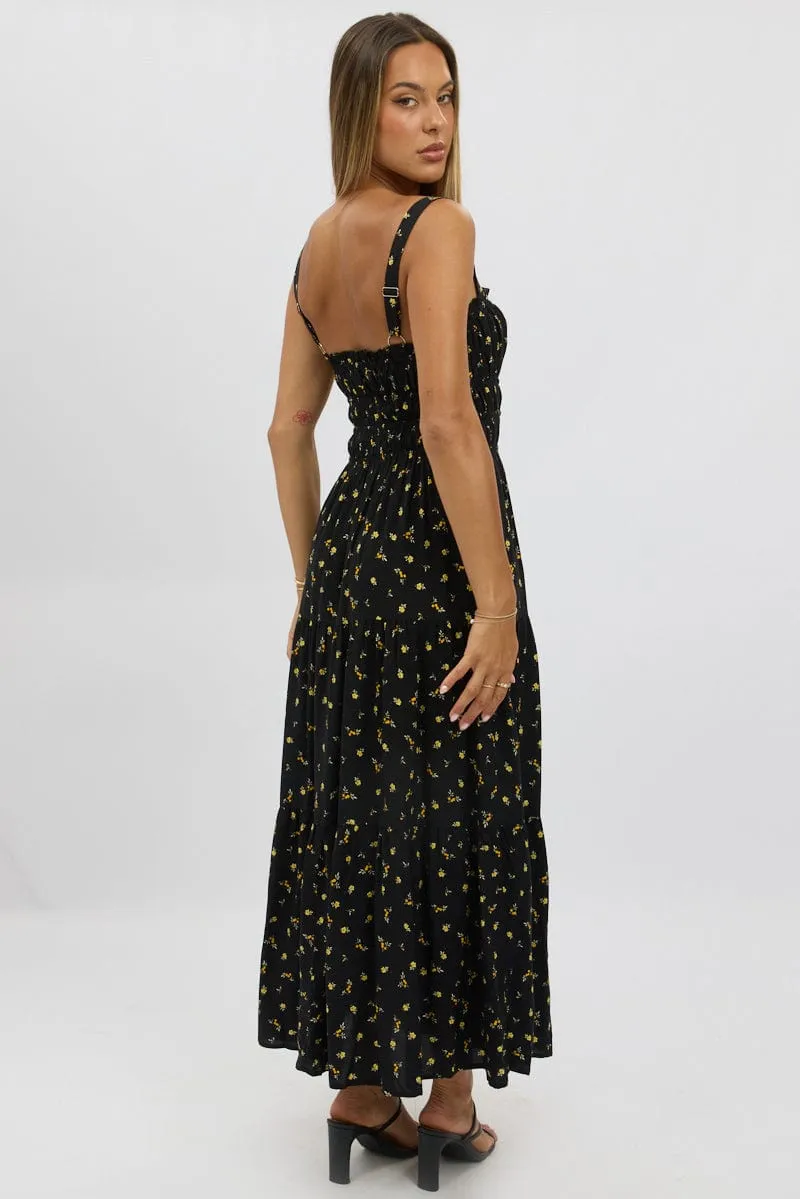 Black Ditsy Maxi Dress Strappy Tiered Frost Breeze