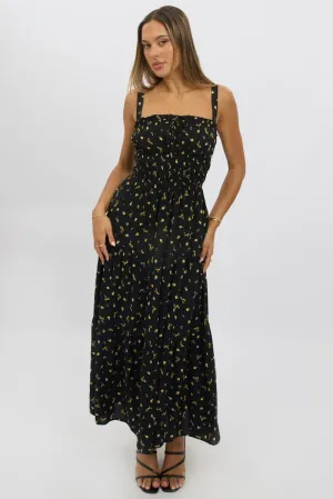 Black Ditsy Maxi Dress Strappy Tiered Pleat Art