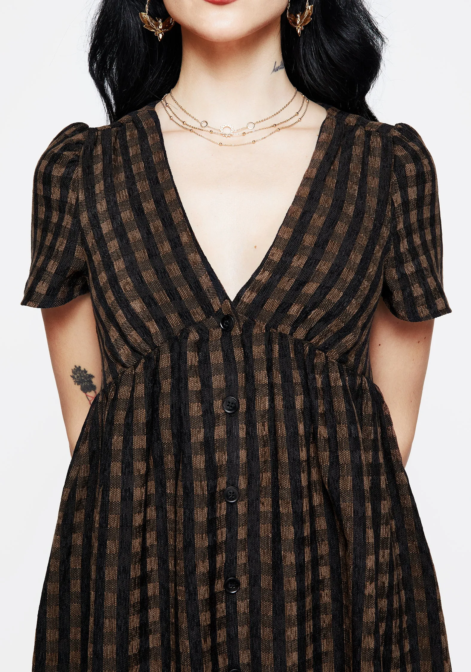Stylish Details Tower Look Rydal Check Button Up Midi Dress - Brown