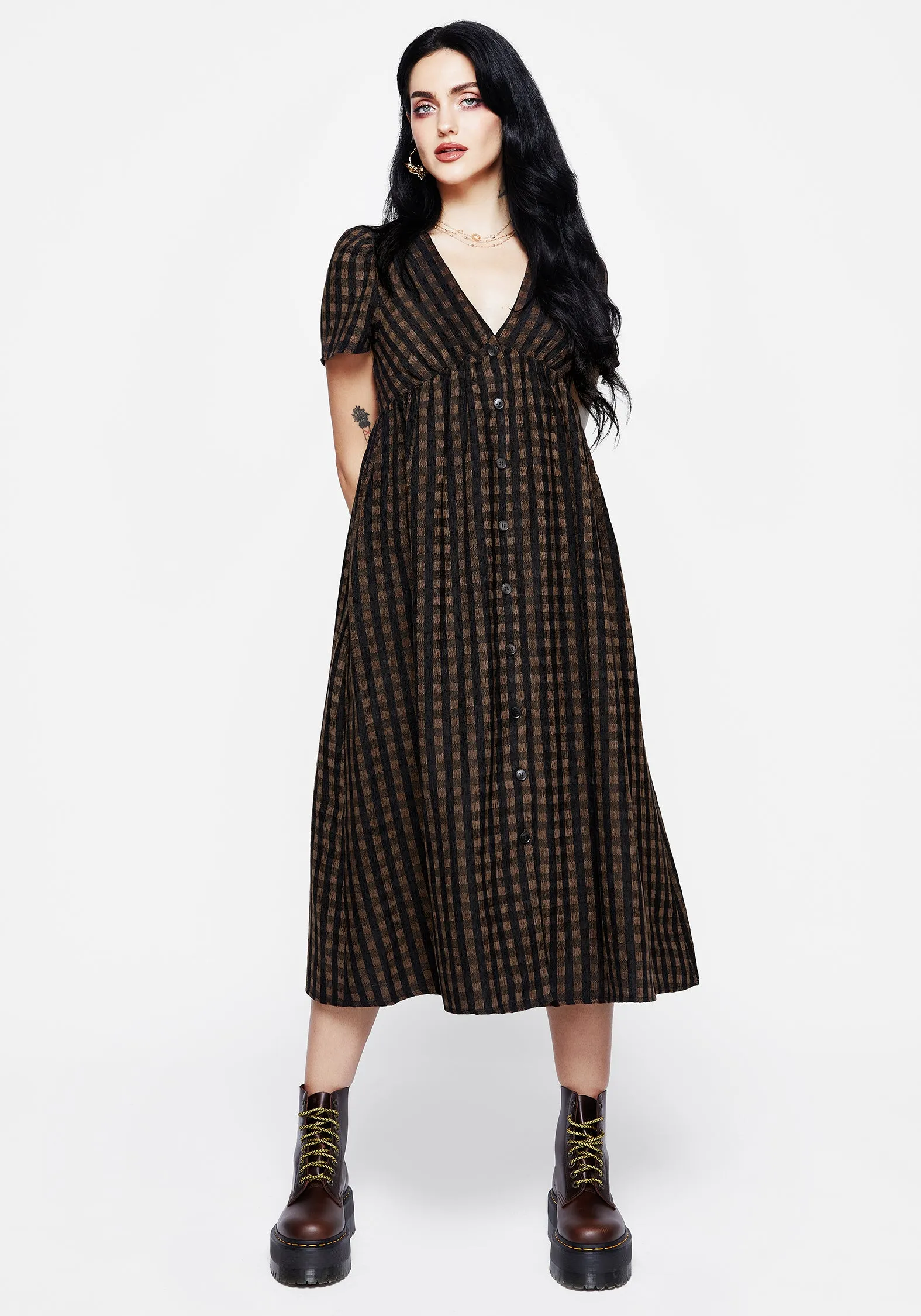 Vintage-inspired knee-length piece Day To Night Look Rydal Check Button Up Midi Dress - Brown