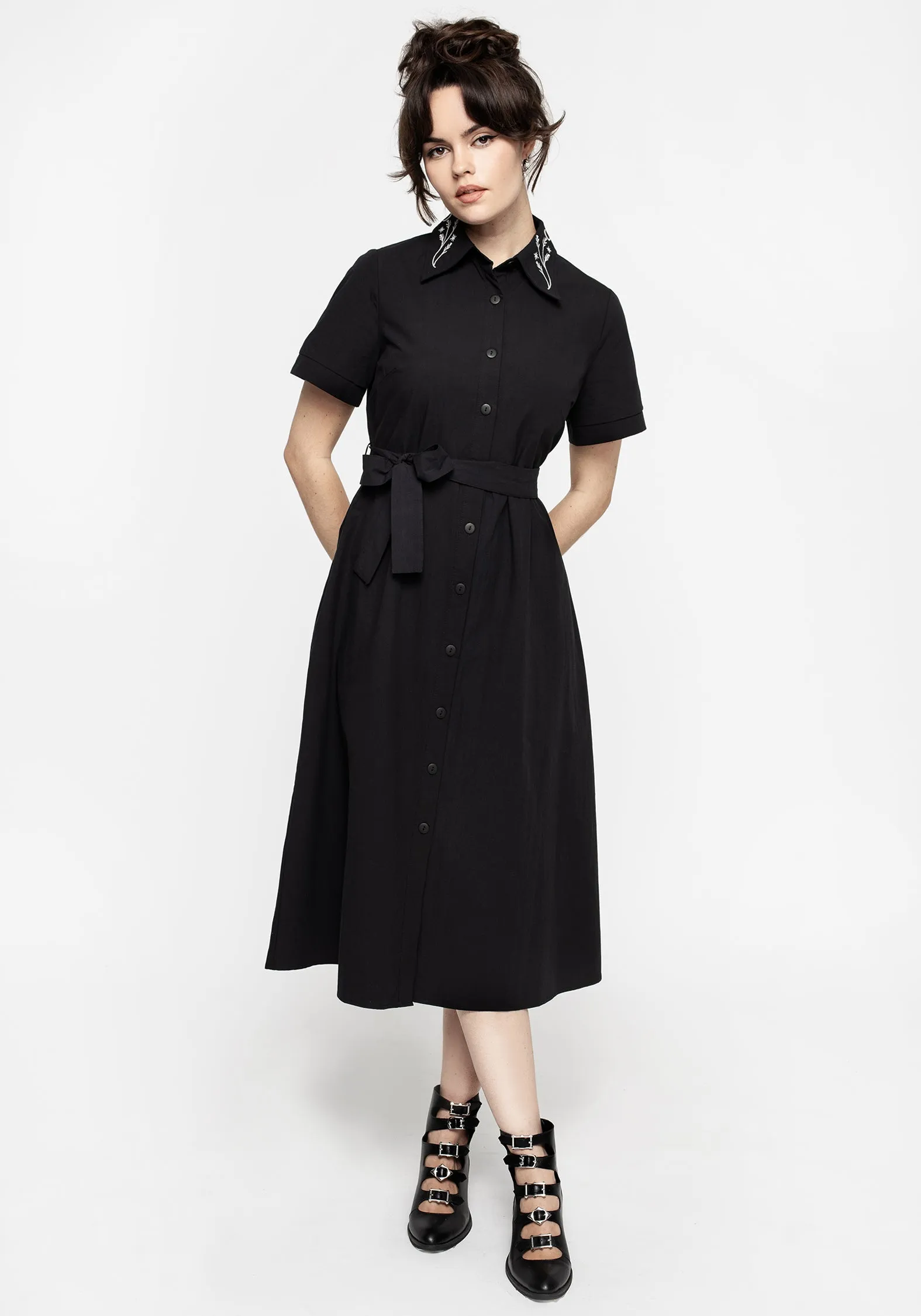 Modern Wear Goodfellow Embroidered Collar Midi Shirt Dress