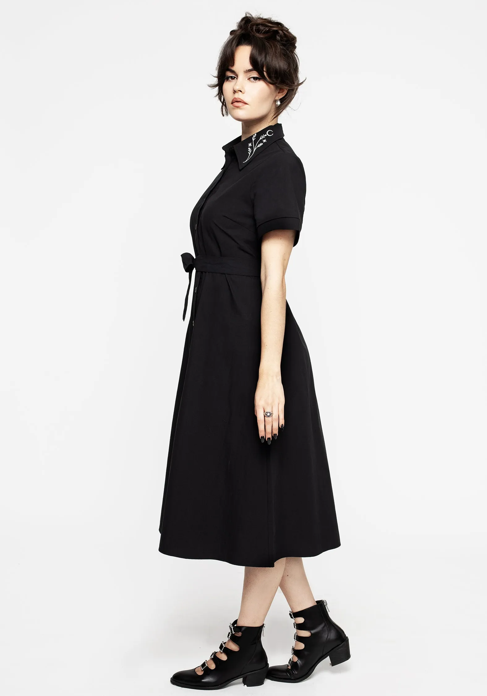 Goodfellow Embroidered Collar Midi Shirt Dress Classic Woman Glacier Edge