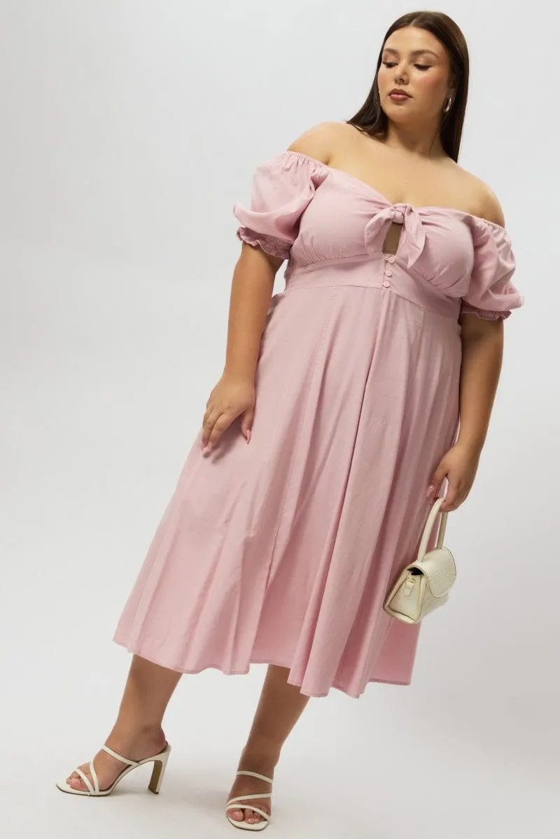 Pink Midi Dress Short Sleeve Tie Front Comfy Smart Glass Glow