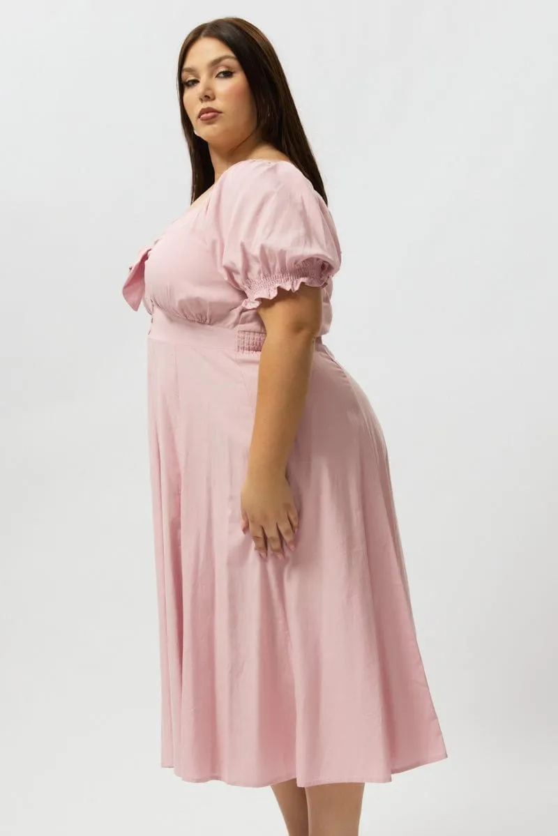 Pink Midi Dress Short Sleeve Tie Front Daily Office