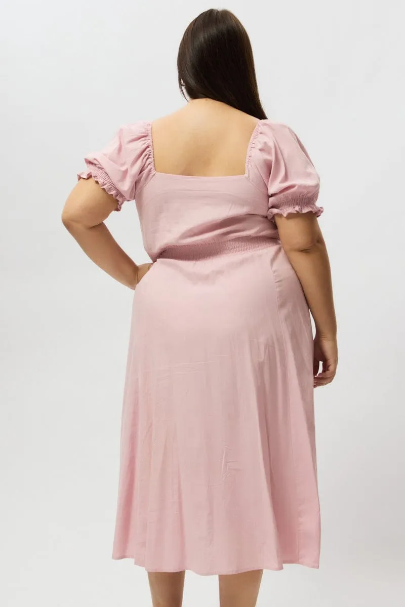 Perfect outdoor event dress Elegant semi-formal gown Pink Midi Dress Short Sleeve Tie Front