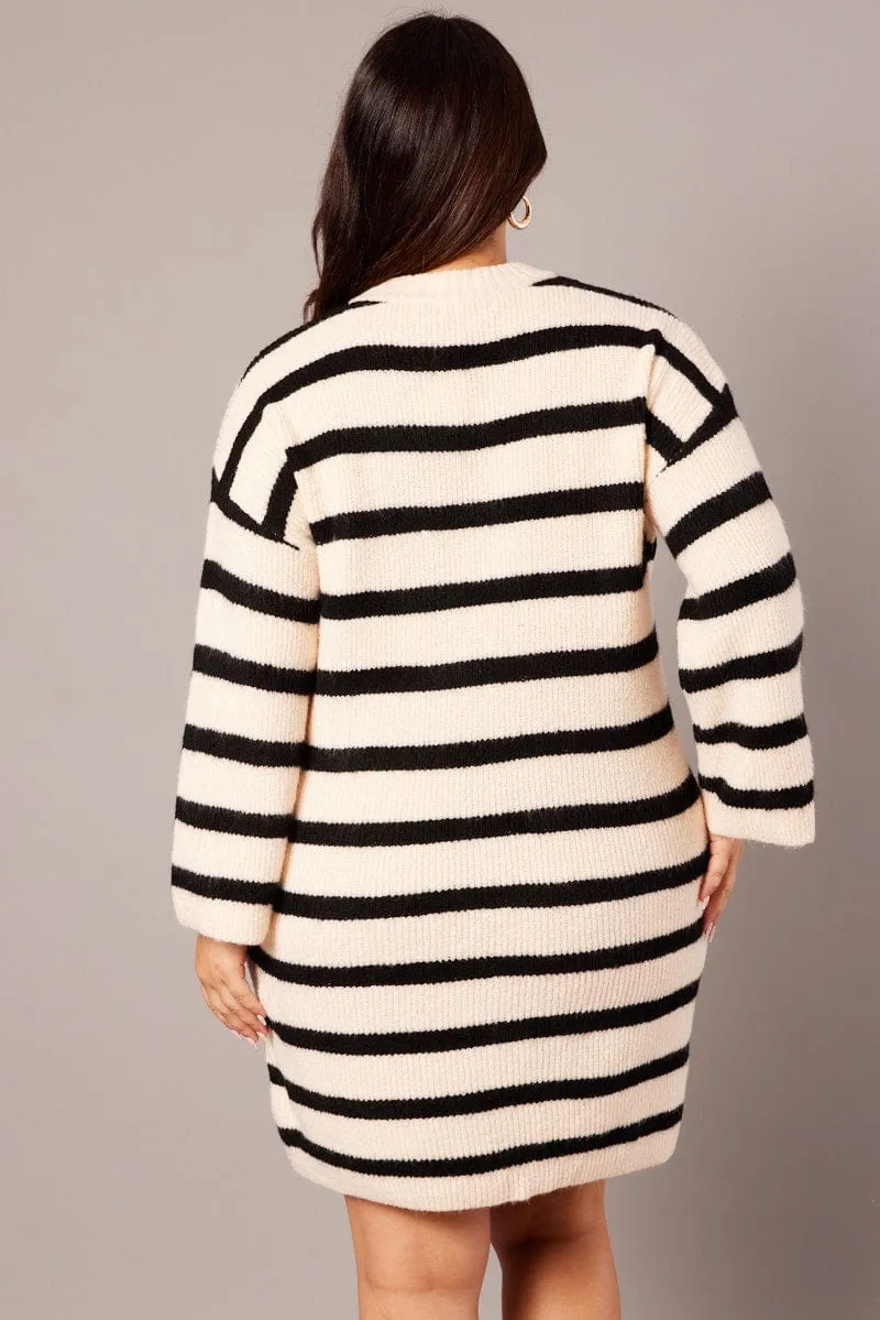 Black Stripe Stripe Sweater Dress Chill Comfort Versatile Outfit