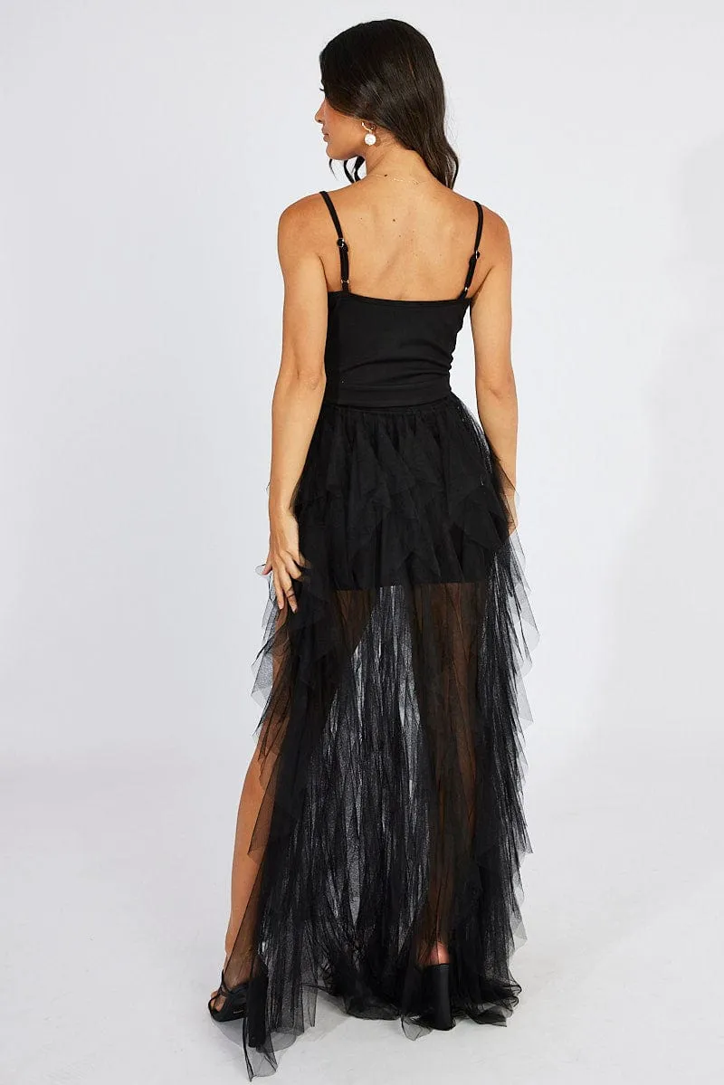 Peach Soft Batiste Glow Black Tulle Maxi Dress Tiered Ruffles Plunging Dress