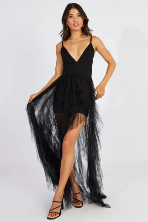 This dress offers an elegant and refined look for any event or casual outing Black Tulle Maxi Dress Tiered Ruffles Plunging Dress
