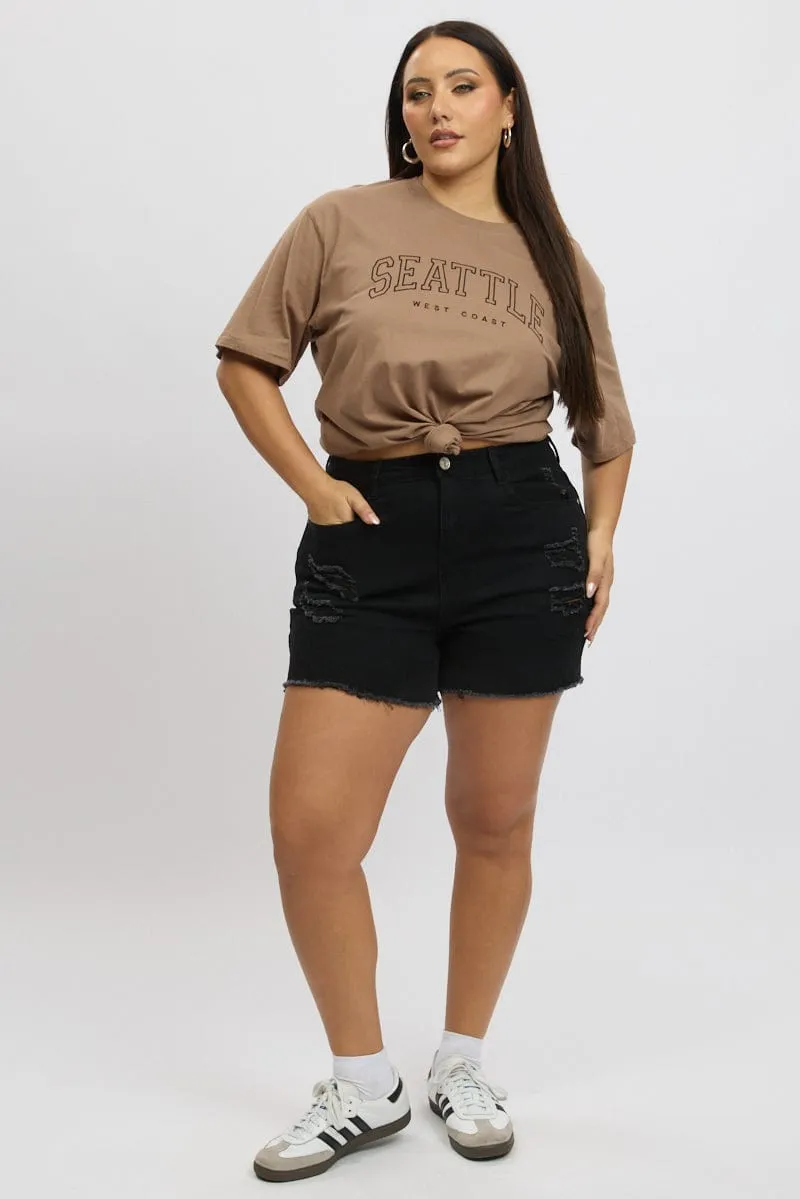 Easy-to-Match Brown Graphic Tee Short Sleeve Crew Neck