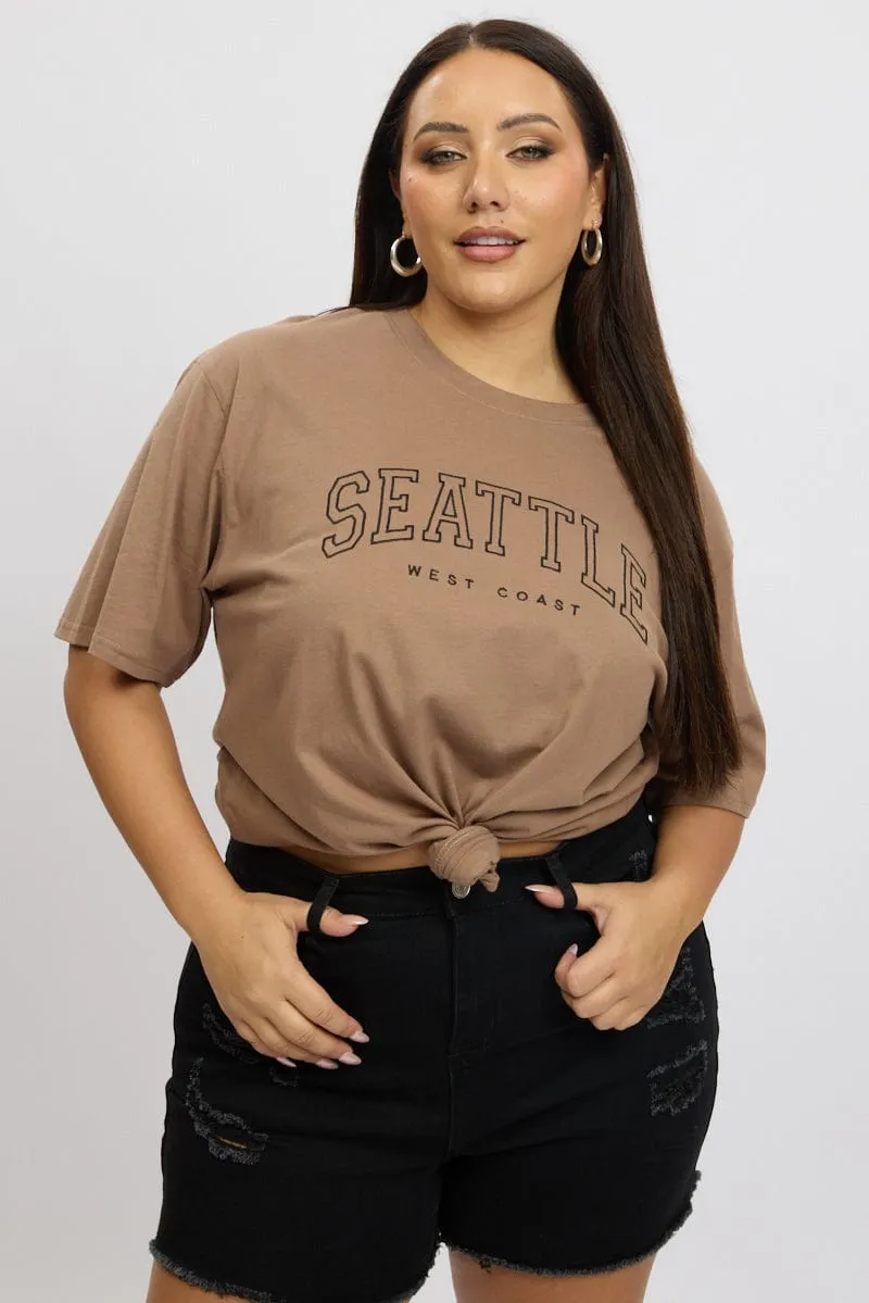 Brown Graphic Tee Short Sleeve Crew Neck Luxurious
