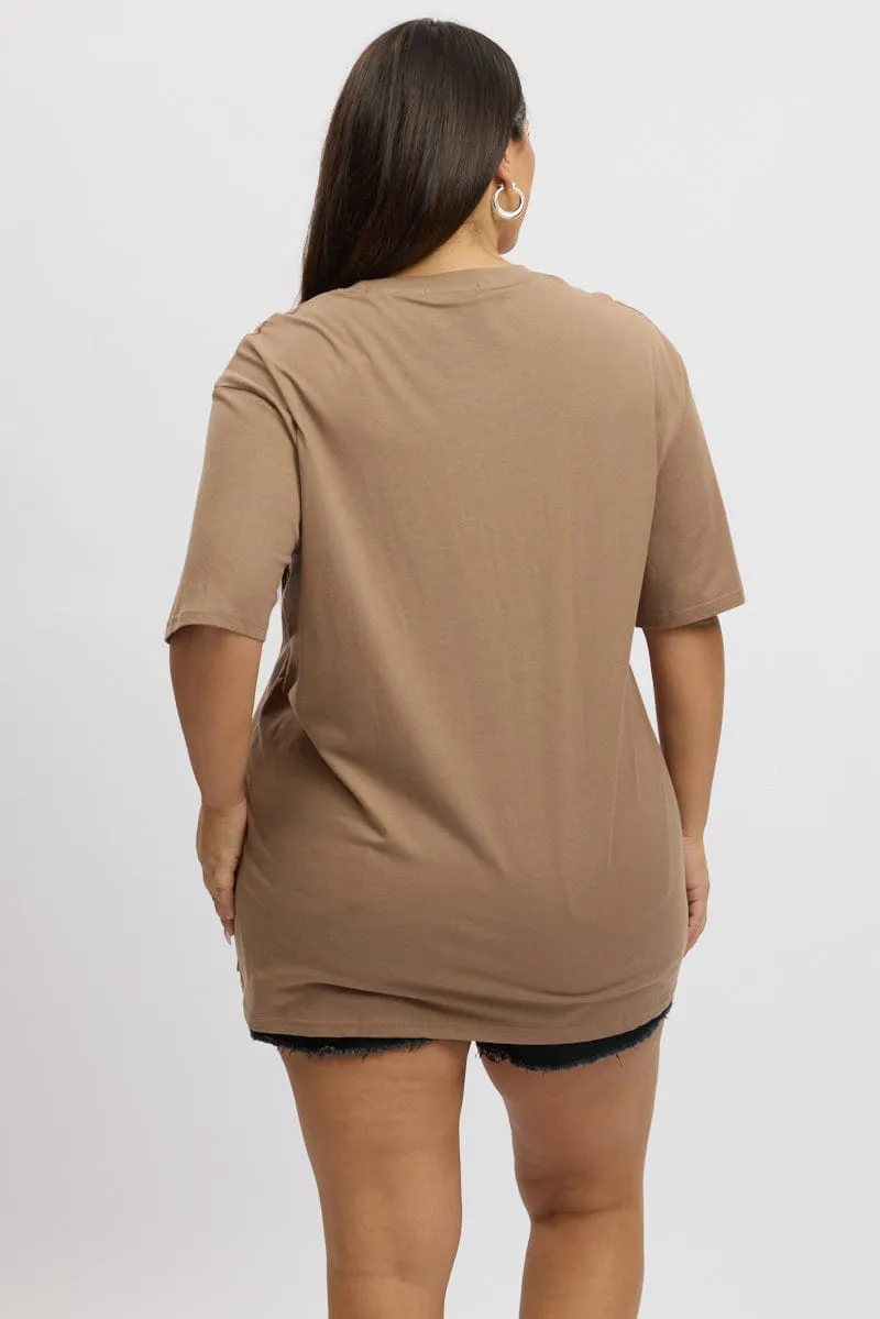 Breathable Layer Sleek Design Brown Graphic Tee Short Sleeve Crew Neck