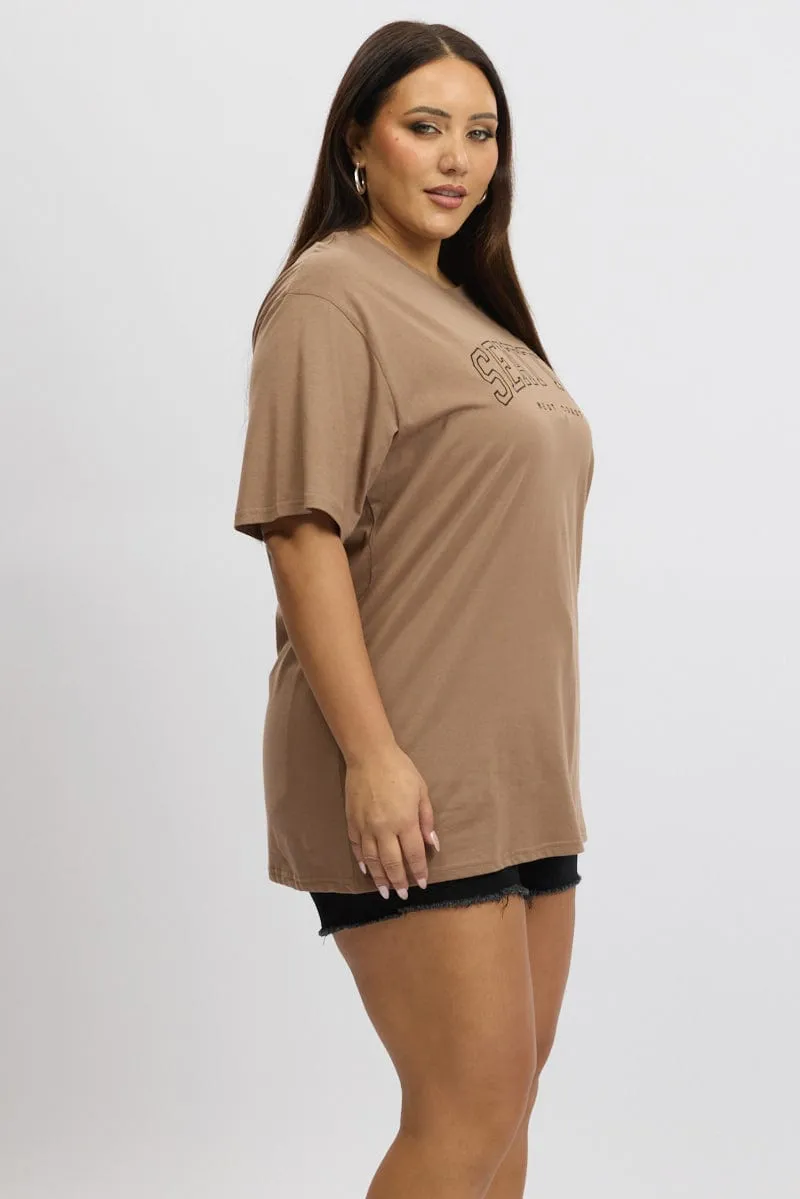 Brown Graphic Tee Short Sleeve Crew Neck anti static coating