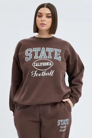 Fitted Cut Brown Oversized Sweatshirt State Football Printed Fleece