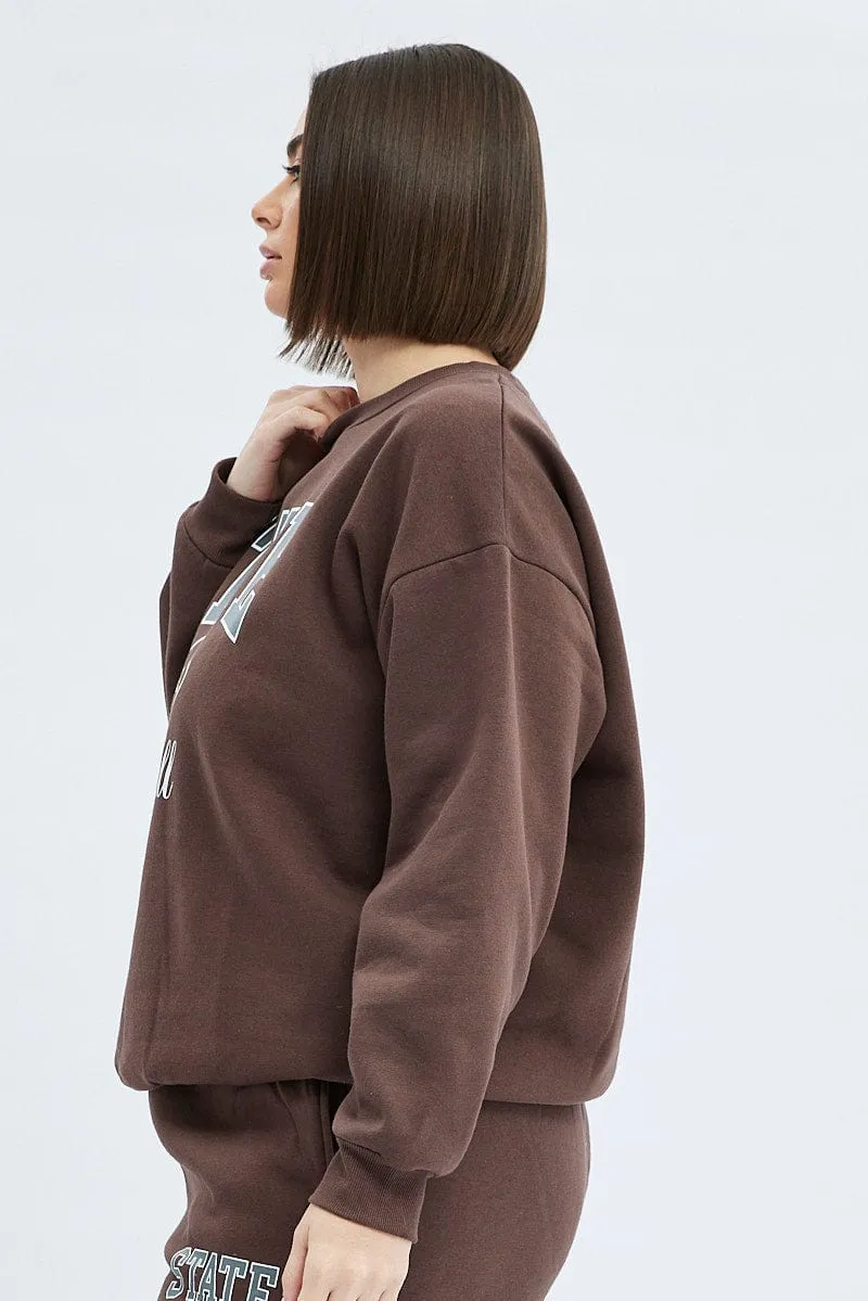Classic Sporty Brown Oversized Sweatshirt State Football Printed Fleece