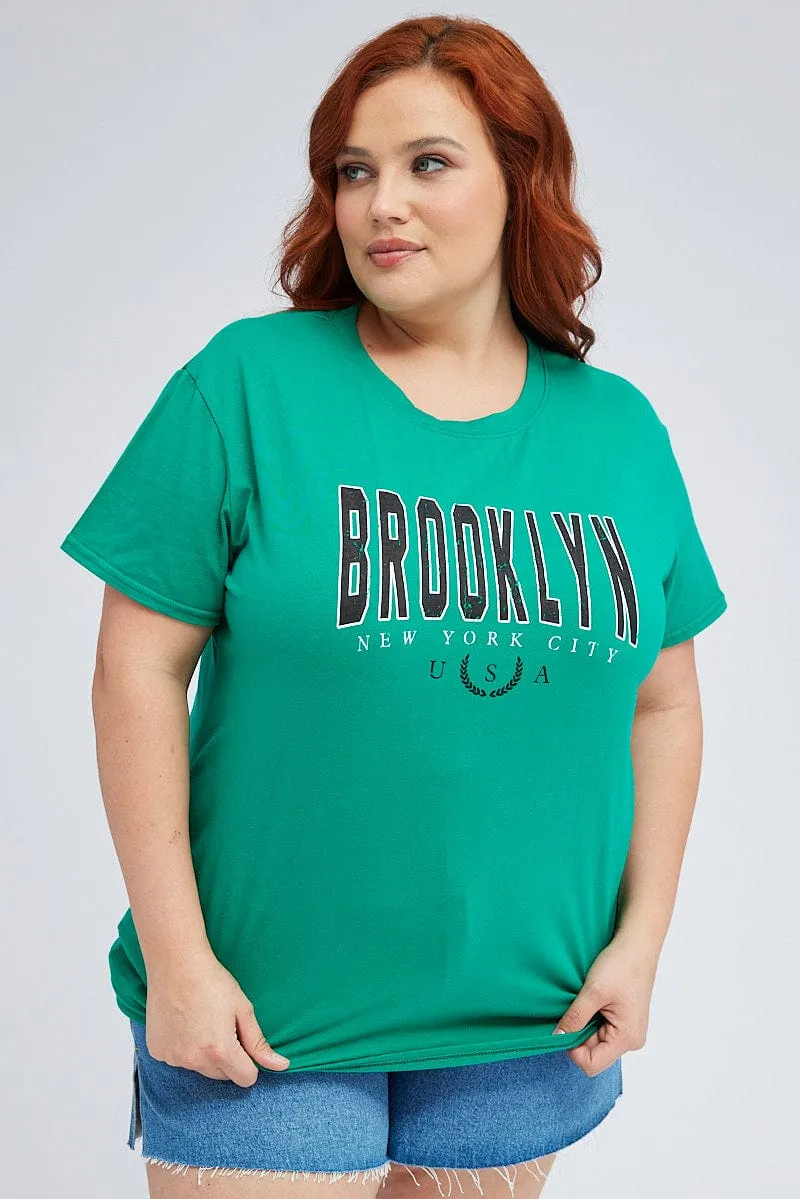 Green Graphic T-shirt Brooklyn Short Sleeve Cotton Outdoor Smart Lightweight Fashion